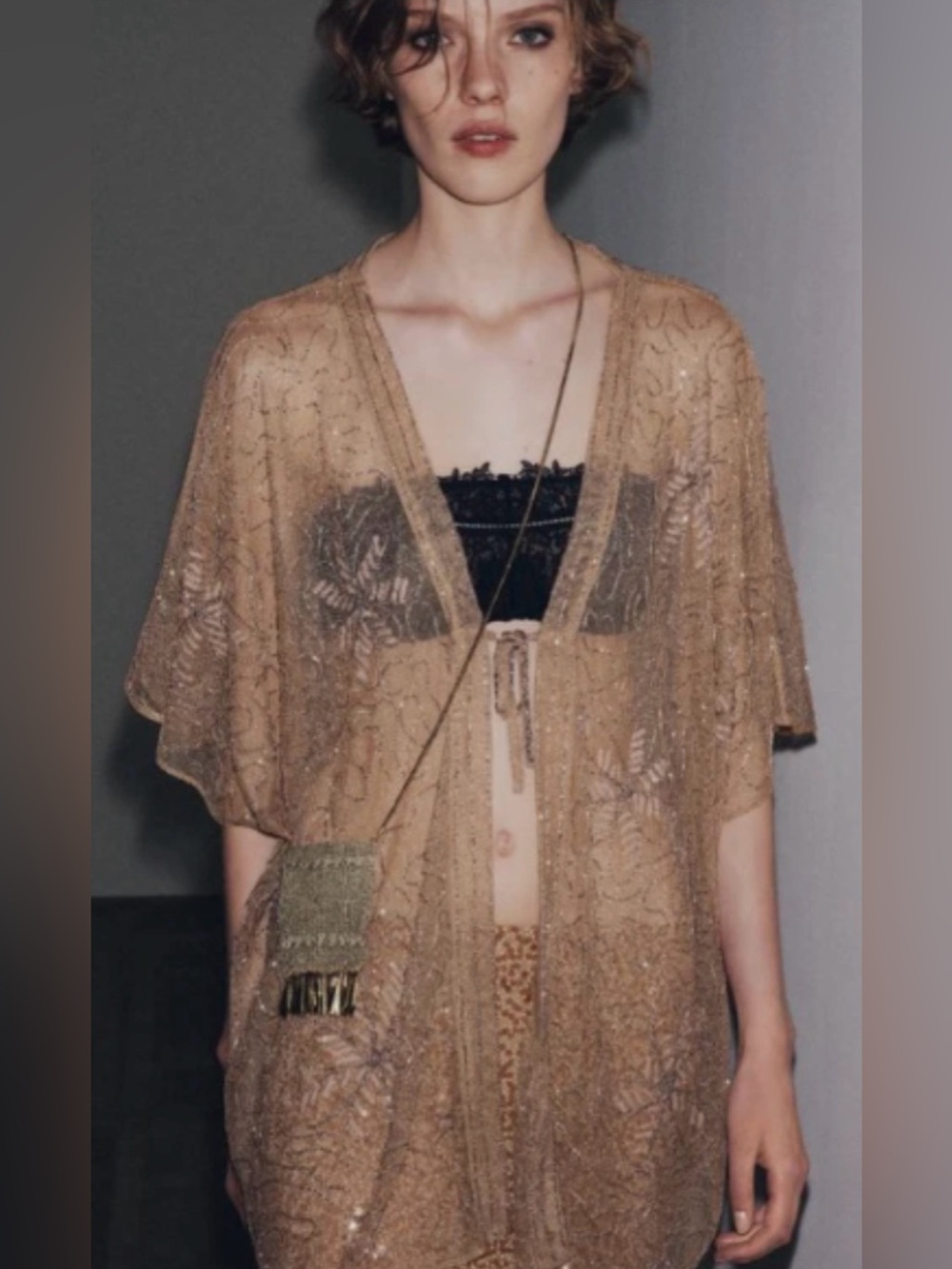 Zara Sequin Beaded Embroidered Kimono Blouse Kaftan Sheer Beige Pink Med - Large - Picture 2 of 16